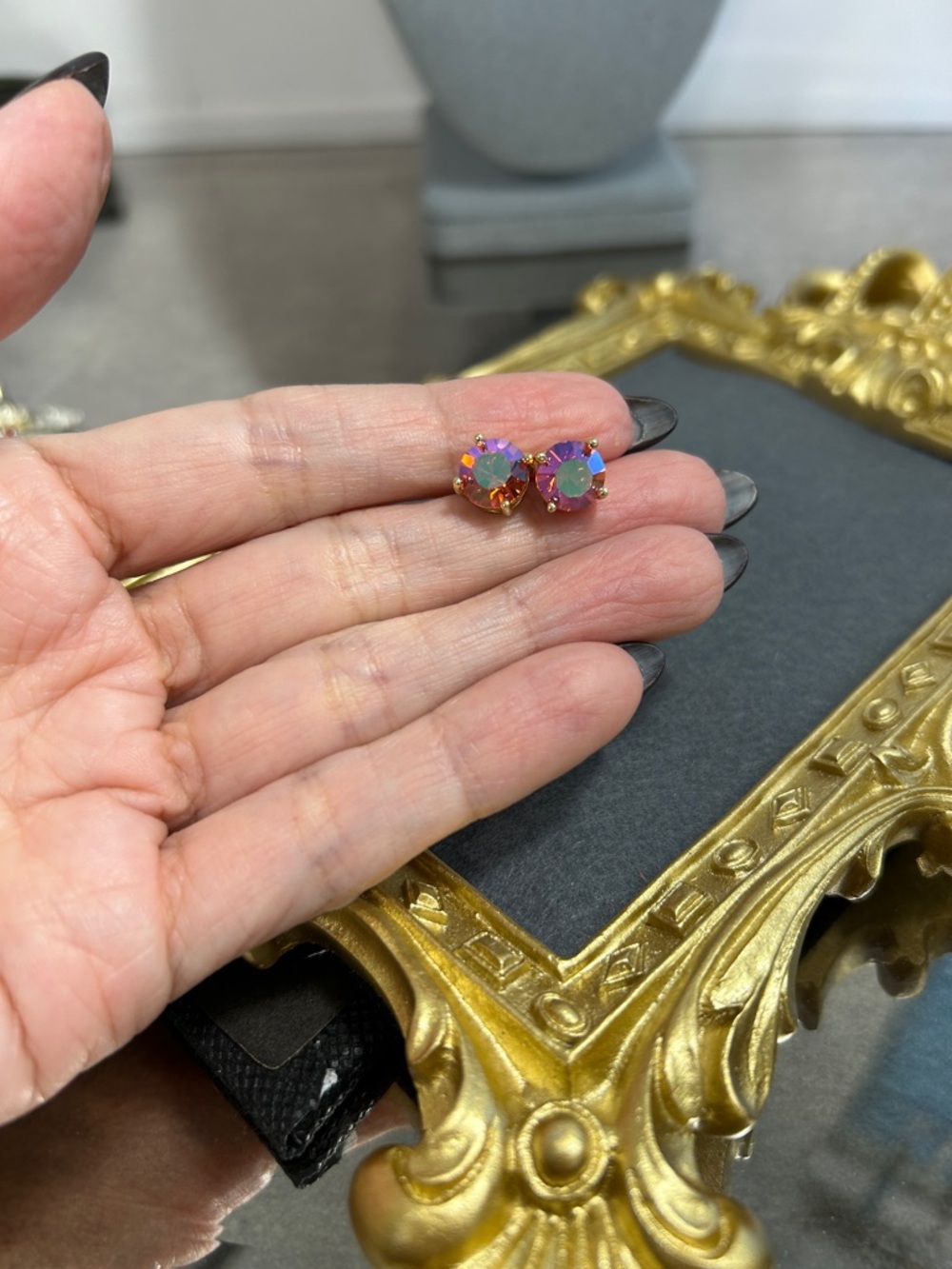 Gold-Set Iridescent Coral Crystal Stud Earrings - Picture 3 of 9